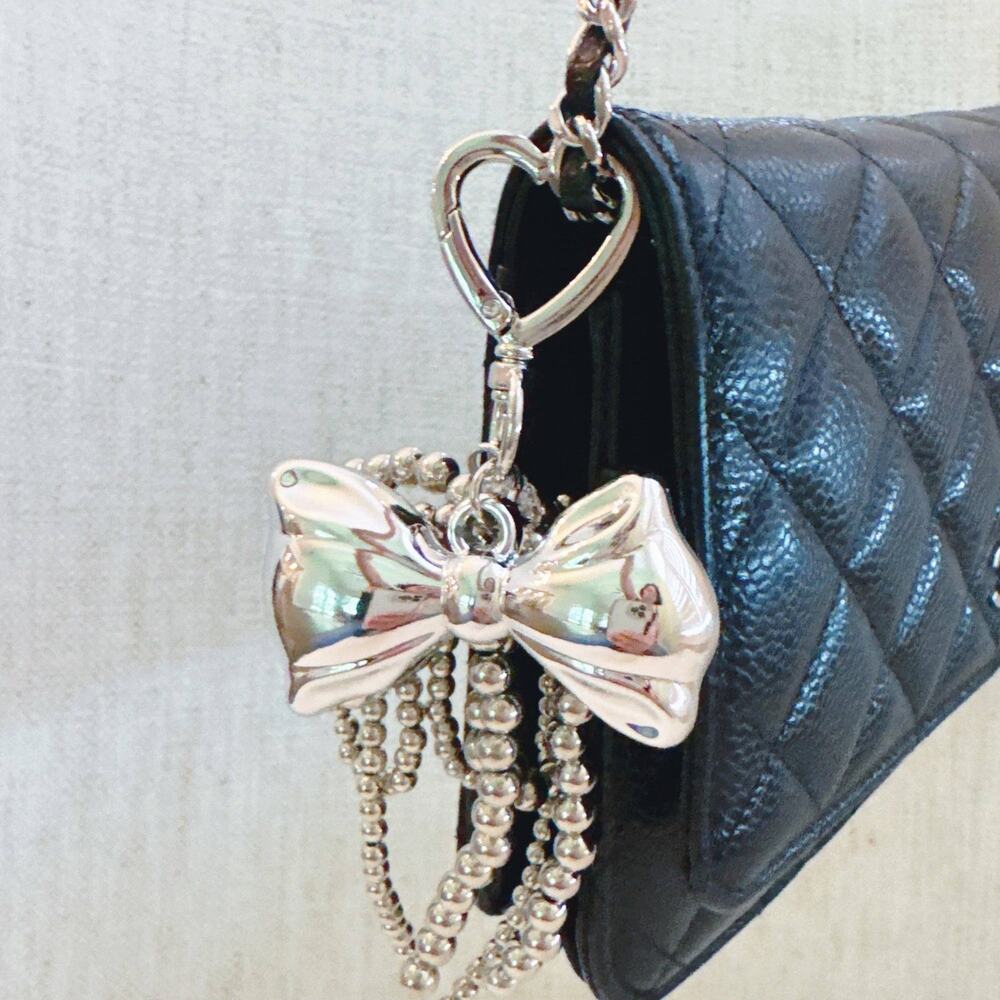 Silver Bow Charm Bag Charm Keychain Beaded Tassels
